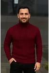 Erkek Balıkcı Yaka Bağazlı Triko Kazak Pamuklu Kalın Fitilli Dokuma, Regular Fit Uzun Kollu Kışlık Model - Bordo