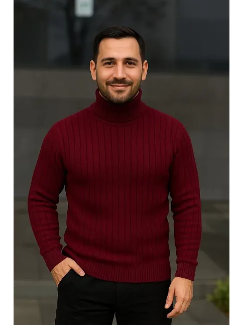 Erkek Balıkcı Yaka Bağazlı Triko Kazak Pamuklu Kalın Fitilli Dokuma, Regular Fit Uzun Kollu Kışlık Model - Bordo