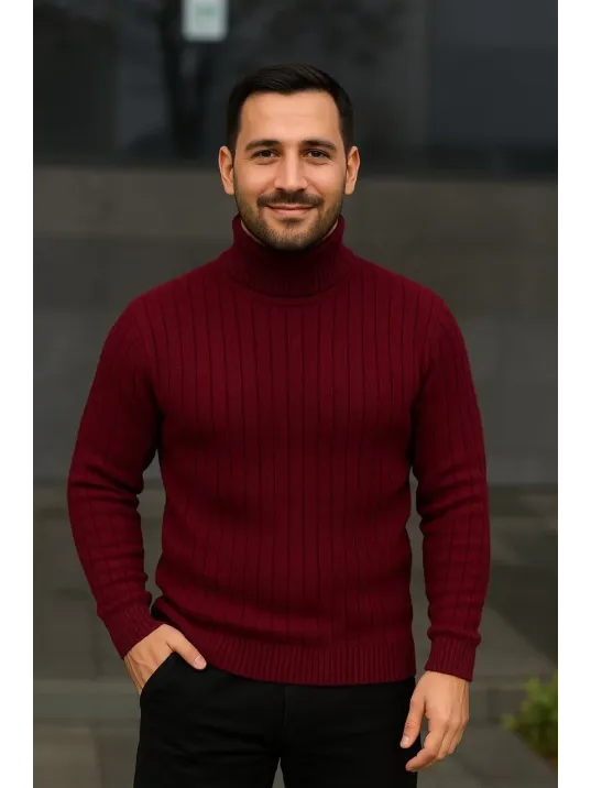 Erkek Balıkcı Yaka Bağazlı Triko Kazak Pamuklu Kalın Fitilli Dokuma, Regular Fit Uzun Kollu Kışlık Model - Bordo Erkek Balıkcı Yaka Bağazlı Triko Kazak Pamuklu Kalın Fitilli Dokuma, Regular Fit Uzun Kollu Kışlık Model - Bordo