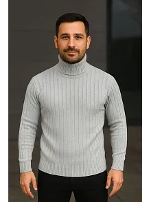 Erkek Balıkcı Yaka Bağazlı Triko Kazak Pamuklu Kalın Fitilli Dokuma, Regular Fit Uzun Kollu Kışlık Model - Gri