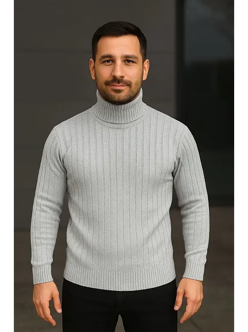 Erkek Balıkcı Yaka Bağazlı Triko Kazak Pamuklu Kalın Fitilli Dokuma, Regular Fit Uzun Kollu Kışlık Model - Gri