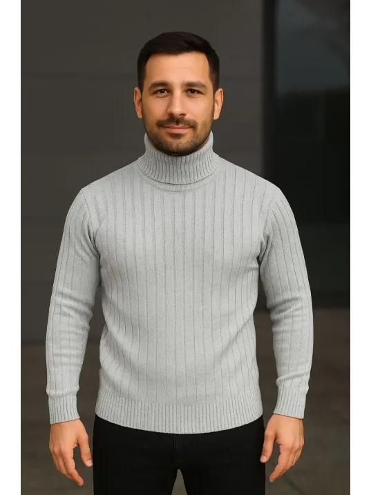 Erkek Balıkcı Yaka Bağazlı Triko Kazak Pamuklu Kalın Fitilli Dokuma, Regular Fit Uzun Kollu Kışlık Model - Gri Erkek Balıkcı Yaka Bağazlı Triko Kazak Pamuklu Kalın Fitilli Dokuma, Regular Fit Uzun Kollu Kışlık Model - Gri