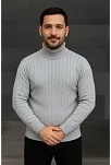 Erkek Balıkcı Yaka Bağazlı Triko Kazak Pamuklu Kalın Fitilli Dokuma, Regular Fit Uzun Kollu Kışlık Model - Gri