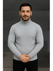 Erkek Balıkcı Yaka Bağazlı Triko Kazak Pamuklu Kalın Fitilli Dokuma, Regular Fit Uzun Kollu Kışlık Model - Gri