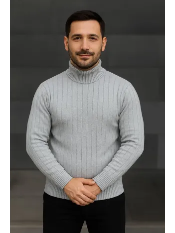 Erkek Balıkcı Yaka Bağazlı Triko Kazak Pamuklu Kalın Fitilli Dokuma, Regular Fit Uzun Kollu Kışlık Model - Gri