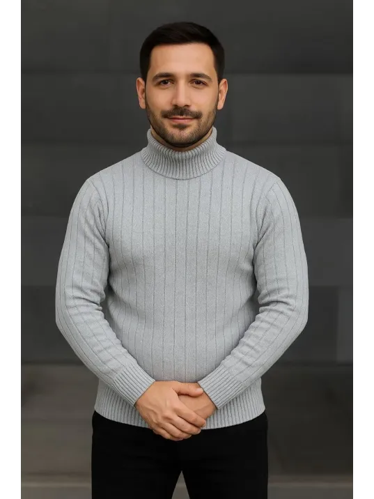 Erkek Balıkcı Yaka Bağazlı Triko Kazak Pamuklu Kalın Fitilli Dokuma, Regular Fit Uzun Kollu Kışlık Model - Gri Erkek Balıkcı Yaka Bağazlı Triko Kazak Pamuklu Kalın Fitilli Dokuma, Regular Fit Uzun Kollu Kışlık Model - Gri