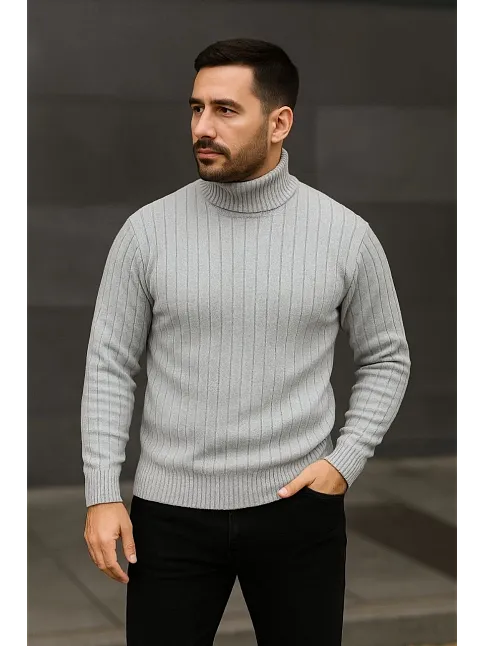 Erkek Balıkcı Yaka Bağazlı Triko Kazak Pamuklu Kalın Fitilli Dokuma, Regular Fit Uzun Kollu Kışlık Model - Gri