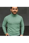 Erkek Balıkcı Yaka Bağazlı Triko Kazak Pamuklu Kalın Fitilli Dokuma, Regular Fit Uzun Kollu Kışlık Model - Mint Yeşili