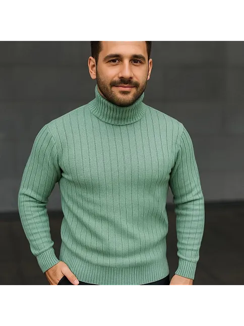 Erkek Balıkcı Yaka Bağazlı Triko Kazak Pamuklu Kalın Fitilli Dokuma, Regular Fit Uzun Kollu Kışlık Model - Mint Yeşili