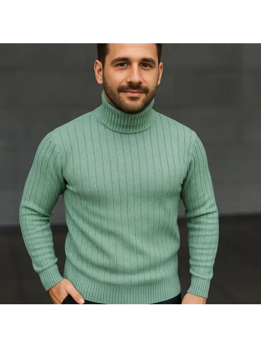 Erkek Balıkcı Yaka Bağazlı Triko Kazak Pamuklu Kalın Fitilli Dokuma, Regular Fit Uzun Kollu Kışlık Model - Mint Yeşili Erkek Balıkcı Yaka Bağazlı Triko Kazak Pamuklu Kalın Fitilli Dokuma, Regular Fit Uzun Kollu Kışlık Model - Mint Yeşili