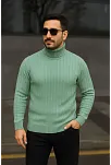 Erkek Balıkcı Yaka Bağazlı Triko Kazak Pamuklu Kalın Fitilli Dokuma, Regular Fit Uzun Kollu Kışlık Model - Mint Yeşili