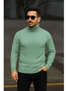 Erkek Balıkcı Yaka Bağazlı Triko Kazak Pamuklu Kalın Fitilli Dokuma, Regular Fit Uzun Kollu Kışlık Model - Mint Yeşili