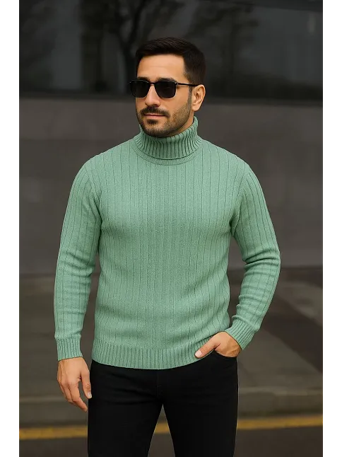 Erkek Balıkcı Yaka Bağazlı Triko Kazak Pamuklu Kalın Fitilli Dokuma, Regular Fit Uzun Kollu Kışlık Model - Mint Yeşili