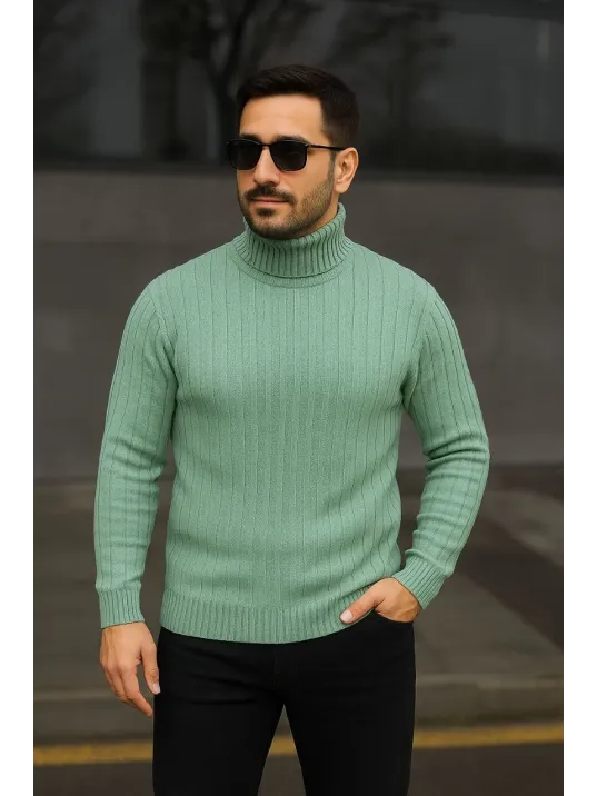 Erkek Balıkcı Yaka Bağazlı Triko Kazak Pamuklu Kalın Fitilli Dokuma, Regular Fit Uzun Kollu Kışlık Model - Mint Yeşili Erkek Balıkcı Yaka Bağazlı Triko Kazak Pamuklu Kalın Fitilli Dokuma, Regular Fit Uzun Kollu Kışlık Model - Mint Yeşili