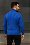 Erkek Balıkcı Yaka Bağazlı Triko Kazak Pamuklu Kalın Fitilli Dokuma, Regular Fit Uzun Kollu Kışlık Model - Saks Mavisi
