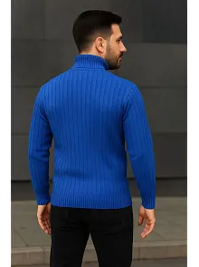 Erkek Balıkcı Yaka Bağazlı Triko Kazak Pamuklu Kalın Fitilli Dokuma, Regular Fit Uzun Kollu Kışlık Model - Saks Mavisi