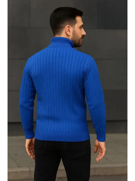 Erkek Balıkcı Yaka Bağazlı Triko Kazak Pamuklu Kalın Fitilli Dokuma, Regular Fit Uzun Kollu Kışlık Model - Saks Mavisi Erkek Balıkcı Yaka Bağazlı Triko Kazak Pamuklu Kalın Fitilli Dokuma, Regular Fit Uzun Kollu Kışlık Model - Saks Mavisi