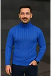 Erkek Balıkcı Yaka Bağazlı Triko Kazak Pamuklu Kalın Fitilli Dokuma, Regular Fit Uzun Kollu Kışlık Model - Saks Mavisi