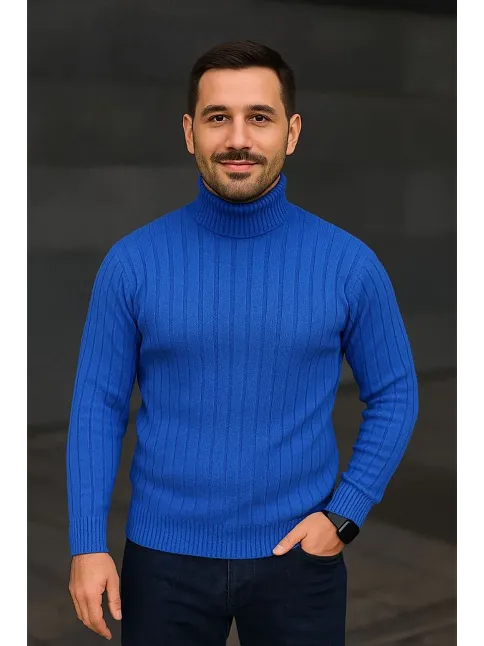 Erkek Balıkcı Yaka Bağazlı Triko Kazak Pamuklu Kalın Fitilli Dokuma, Regular Fit Uzun Kollu Kışlık Model - Saks Mavisi
