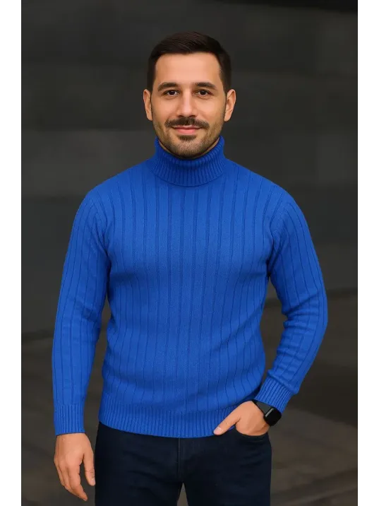 Erkek Balıkcı Yaka Bağazlı Triko Kazak Pamuklu Kalın Fitilli Dokuma, Regular Fit Uzun Kollu Kışlık Model - Saks Mavisi Erkek Balıkcı Yaka Bağazlı Triko Kazak Pamuklu Kalın Fitilli Dokuma, Regular Fit Uzun Kollu Kışlık Model - Saks Mavisi