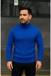Erkek Balıkcı Yaka Bağazlı Triko Kazak Pamuklu Kalın Fitilli Dokuma, Regular Fit Uzun Kollu Kışlık Model - Saks Mavisi