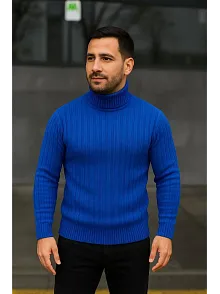 Erkek Balıkcı Yaka Bağazlı Triko Kazak Pamuklu Kalın Fitilli Dokuma, Regular Fit Uzun Kollu Kışlık Model - Saks Mavisi