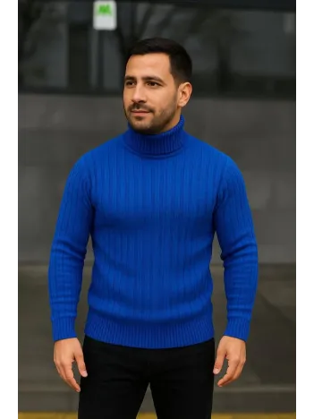 Erkek Balıkcı Yaka Bağazlı Triko Kazak Pamuklu Kalın Fitilli Dokuma, Regular Fit Uzun Kollu Kışlık Model - Saks Mavisi