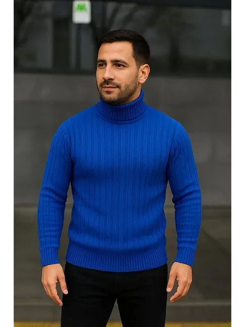 Erkek Balıkcı Yaka Bağazlı Triko Kazak Pamuklu Kalın Fitilli Dokuma, Regular Fit Uzun Kollu Kışlık Model - Saks Mavisi