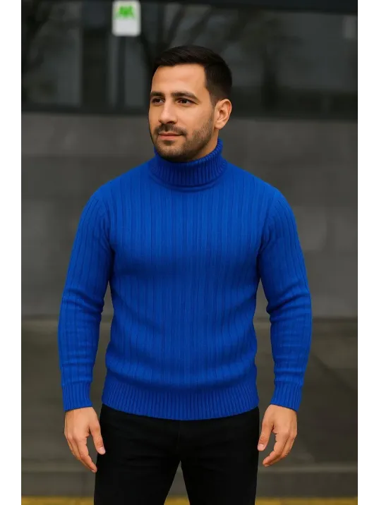 Erkek Balıkcı Yaka Bağazlı Triko Kazak Pamuklu Kalın Fitilli Dokuma, Regular Fit Uzun Kollu Kışlık Model - Saks Mavisi Erkek Balıkcı Yaka Bağazlı Triko Kazak Pamuklu Kalın Fitilli Dokuma, Regular Fit Uzun Kollu Kışlık Model - Saks Mavisi