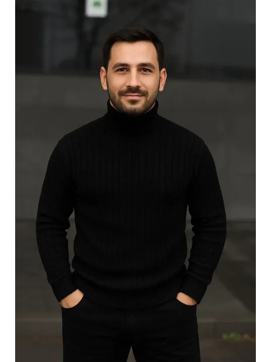 Erkek Balıkcı Yaka Bağazlı Triko Kazak Pamuklu Kalın Fitilli Dokuma, Regular Fit Uzun Kollu Kışlık Model - Siyah