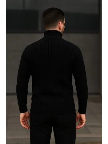 Erkek Balıkcı Yaka Bağazlı Triko Kazak Pamuklu Kalın Fitilli Dokuma, Regular Fit Uzun Kollu Kışlık Model - Siyah