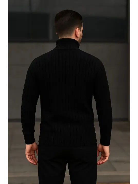 Erkek Balıkcı Yaka Bağazlı Triko Kazak Pamuklu Kalın Fitilli Dokuma, Regular Fit Uzun Kollu Kışlık Model - Siyah