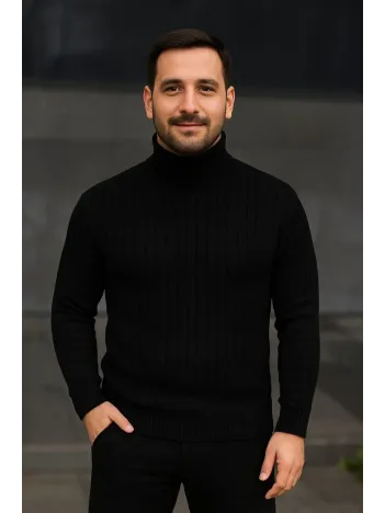 Erkek Balıkcı Yaka Bağazlı Triko Kazak Pamuklu Kalın Fitilli Dokuma, Regular Fit Uzun Kollu Kışlık Model - Siyah