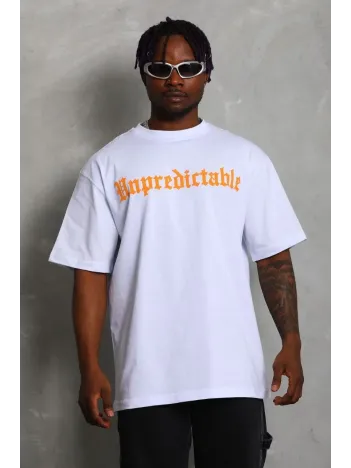 Unisex Oversize Baskılı Bisiklet Yaka T-Shirt - Beyaz