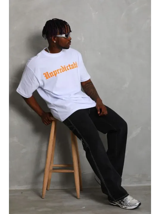 Unisex Oversize Baskılı Bisiklet Yaka T-Shirt - Beyaz Unisex Oversize Baskılı Bisiklet Yaka T-Shirt - Beyaz