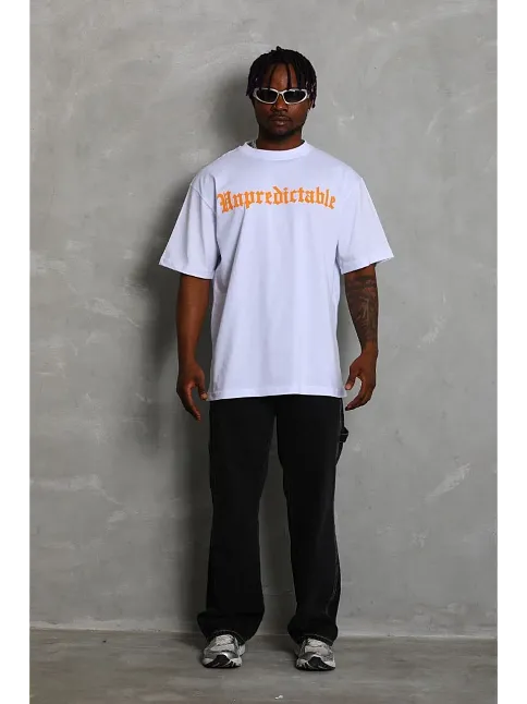 Erkek Baskılı Tişort Kısa Kol Bisiklet Yaka Ovarsize T-shirt -  Beyaz