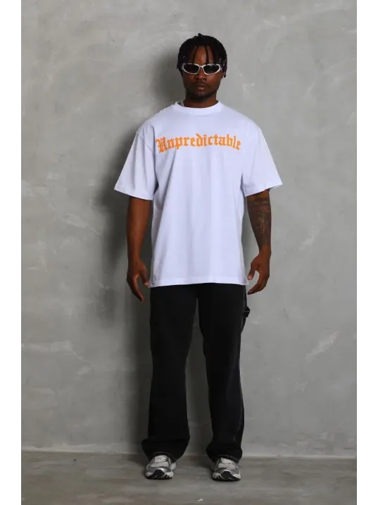 Unisex Oversize Baskılı Bisiklet Yaka T-Shirt - Beyaz Unisex Oversize Baskılı Bisiklet Yaka T-Shirt - Beyaz