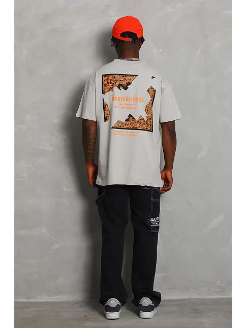 Erkek Baskılı Tişort Kısa Kol Bisiklet Yaka Ovarsize T-shirt -  Gri