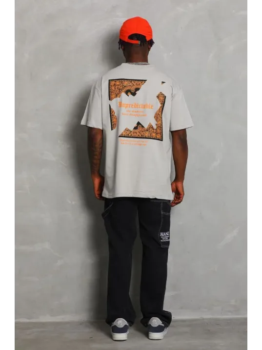 Unisex Oversize Baskılı Bisiklet Yaka T-Shirt - Gri