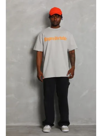 Unisex Oversize Baskılı Bisiklet Yaka T-Shirt - Gri