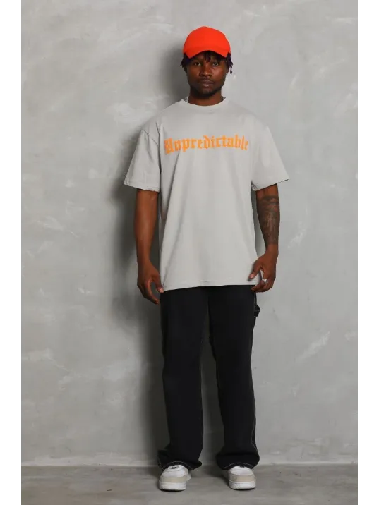 Unisex Oversize Baskılı Bisiklet Yaka T-Shirt - Gri