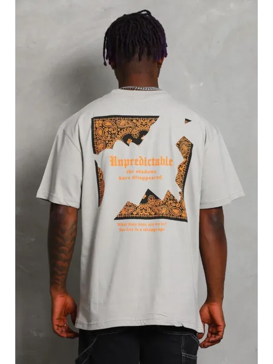 Unisex Oversize Baskılı Bisiklet Yaka T-Shirt - Gri