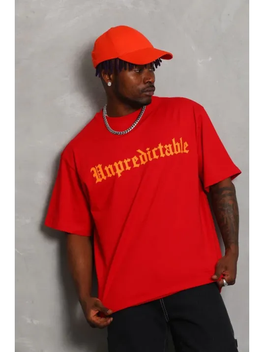 Unisex Oversize Baskılı Bisiklet Yaka T-Shirt - Kırmızı Unisex Oversize Baskılı Bisiklet Yaka T-Shirt - Kırmızı