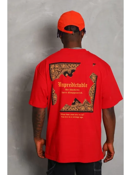 Unisex Oversize Baskılı Bisiklet Yaka T-Shirt - Kırmızı Unisex Oversize Baskılı Bisiklet Yaka T-Shirt - Kırmızı