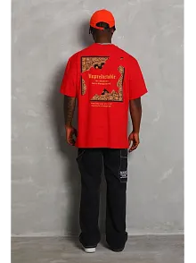 Erkek Baskılı Tişort Kısa Kol Bisiklet Yaka Ovarsize T-shirt -  Kırmızı