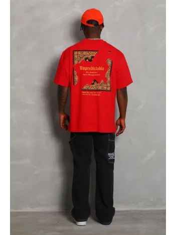 Unisex Oversize Baskılı Bisiklet Yaka T-Shirt - Kırmızı