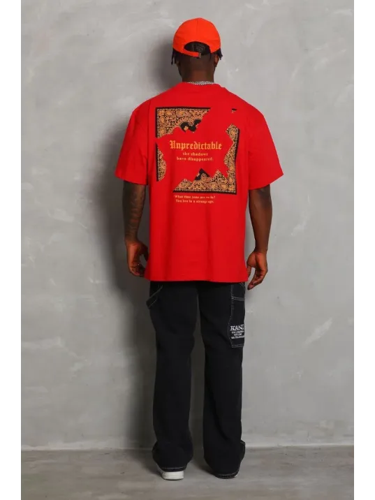 Unisex Oversize Baskılı Bisiklet Yaka T-Shirt - Kırmızı Unisex Oversize Baskılı Bisiklet Yaka T-Shirt - Kırmızı