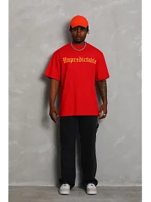 Erkek Baskılı Tişort Kısa Kol Bisiklet Yaka Ovarsize T-shirt -  Kırmızı