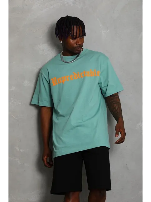 Erkek Baskılı Tişort Kısa Kol Bisiklet Yaka Ovarsize T-shirt -  Mint Yeşili