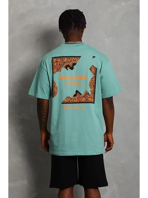 Erkek Baskılı Tişort Kısa Kol Bisiklet Yaka Ovarsize T-shirt -  Mint Yeşili